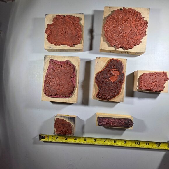 Thanksgiving Wooden Rubber Stamp Set With Pumpkins Wreaths Seasonal Greetings - Picture 12 of 12